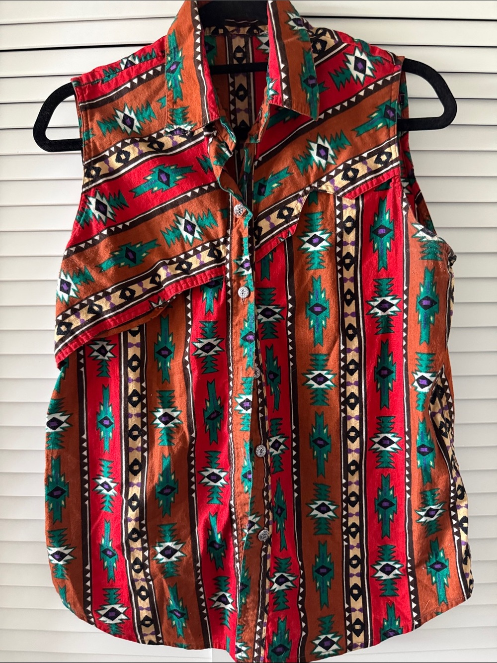 Vintage Gem! Sleeveless Southwestern Print Button-Front Top in Red & Brown